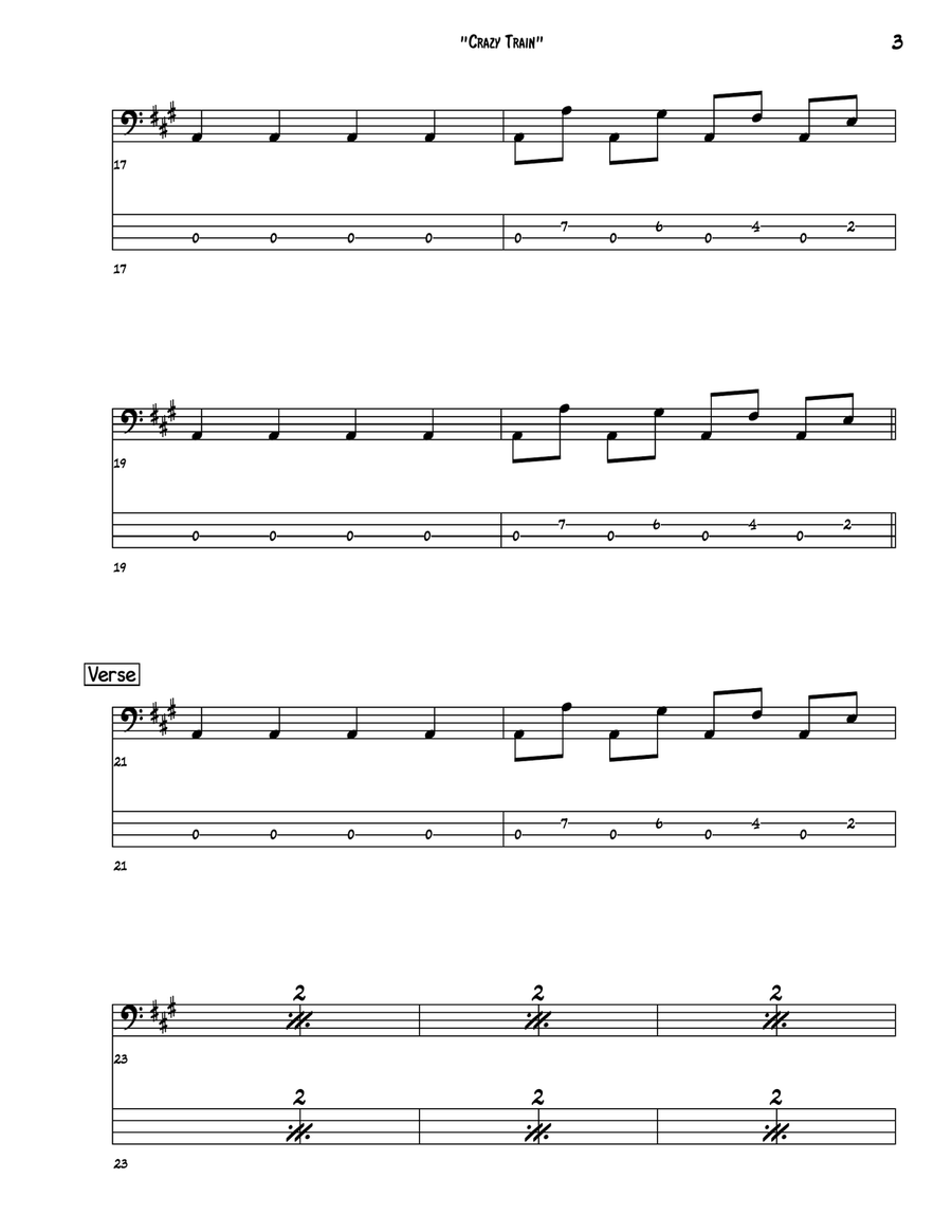 Crazy Train Bass Guitar Tablature scores gallery preview page 3