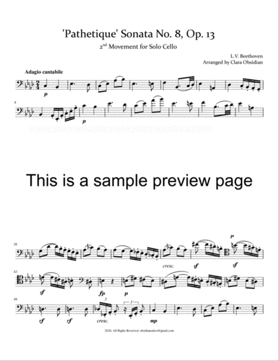 Beethoven's 'Pathetique' Sonata no. 8, Andante Cantabile, for Solo Cello Cello Solo scores gallery preview page 2