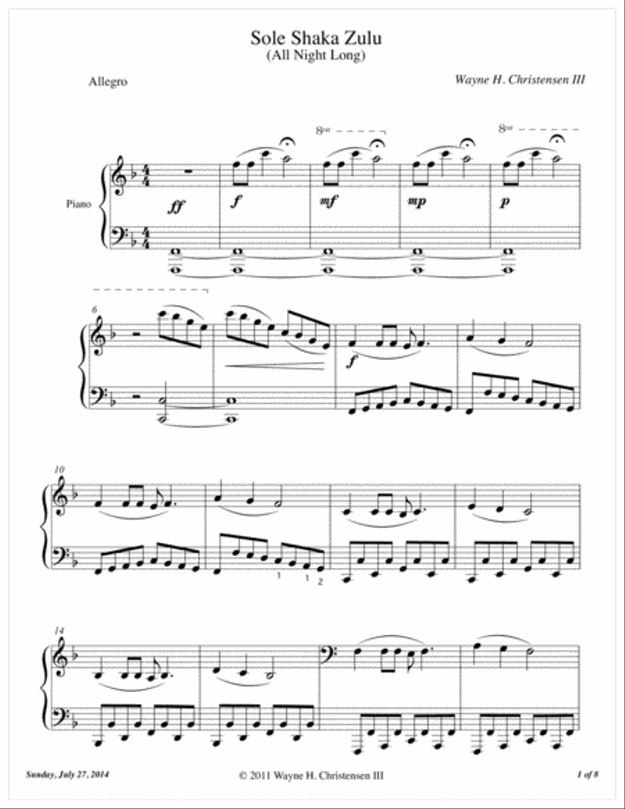 Sole Shaka Zulu (All Night Long) Piano Solo scores gallery preview page 1