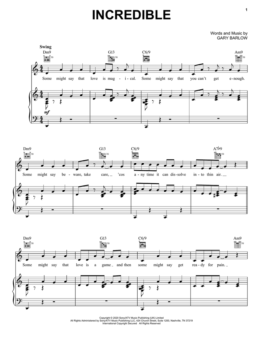 Incredible Piano, Vocal, Guitar scores gallery preview page 1