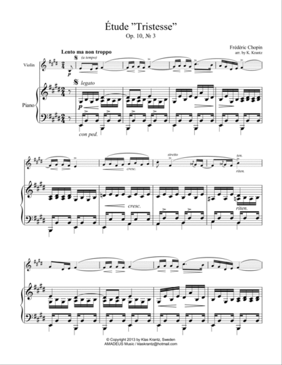 Étude (Study) "Tristesse" Op 10 No. 3 (abridged) for violin and piano image number null