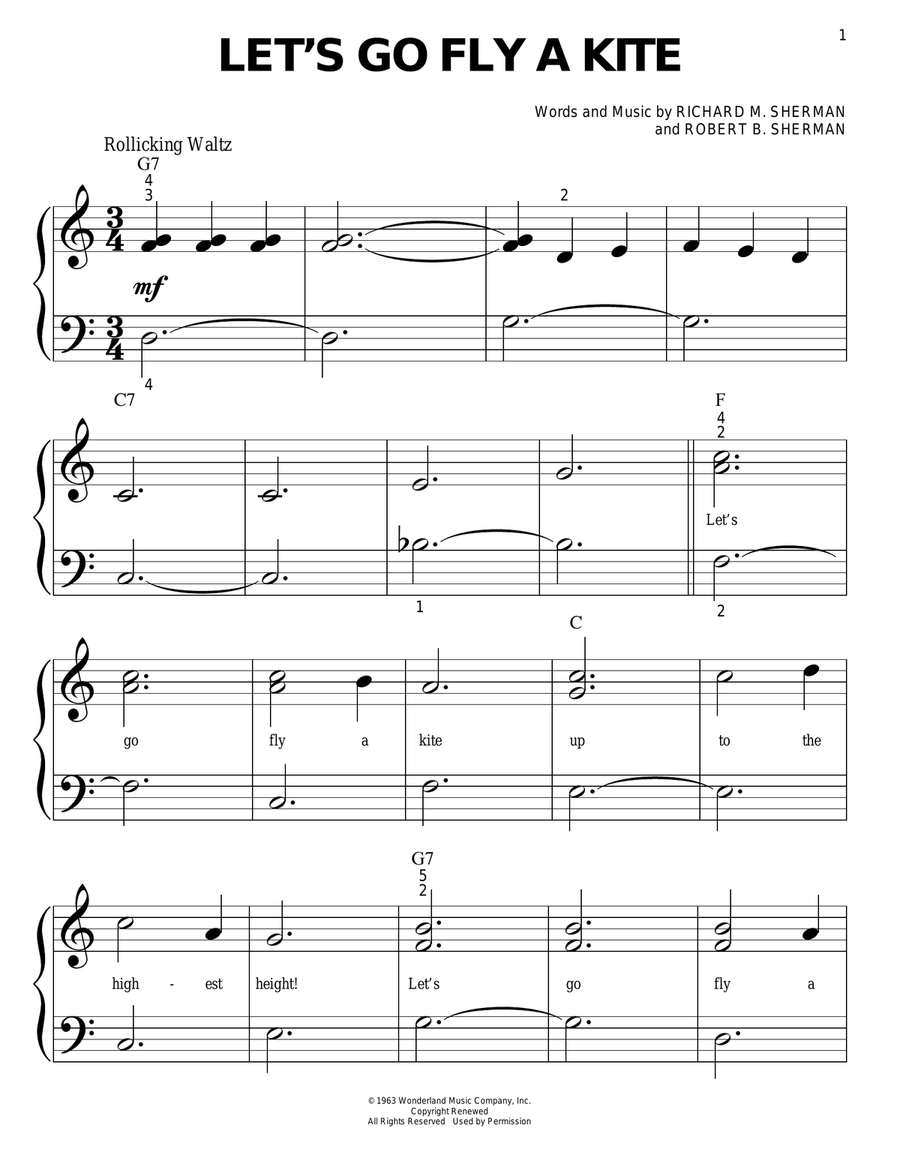 Let's Go Fly A Kite (from Mary Poppins) Easy Piano scores gallery preview page 1