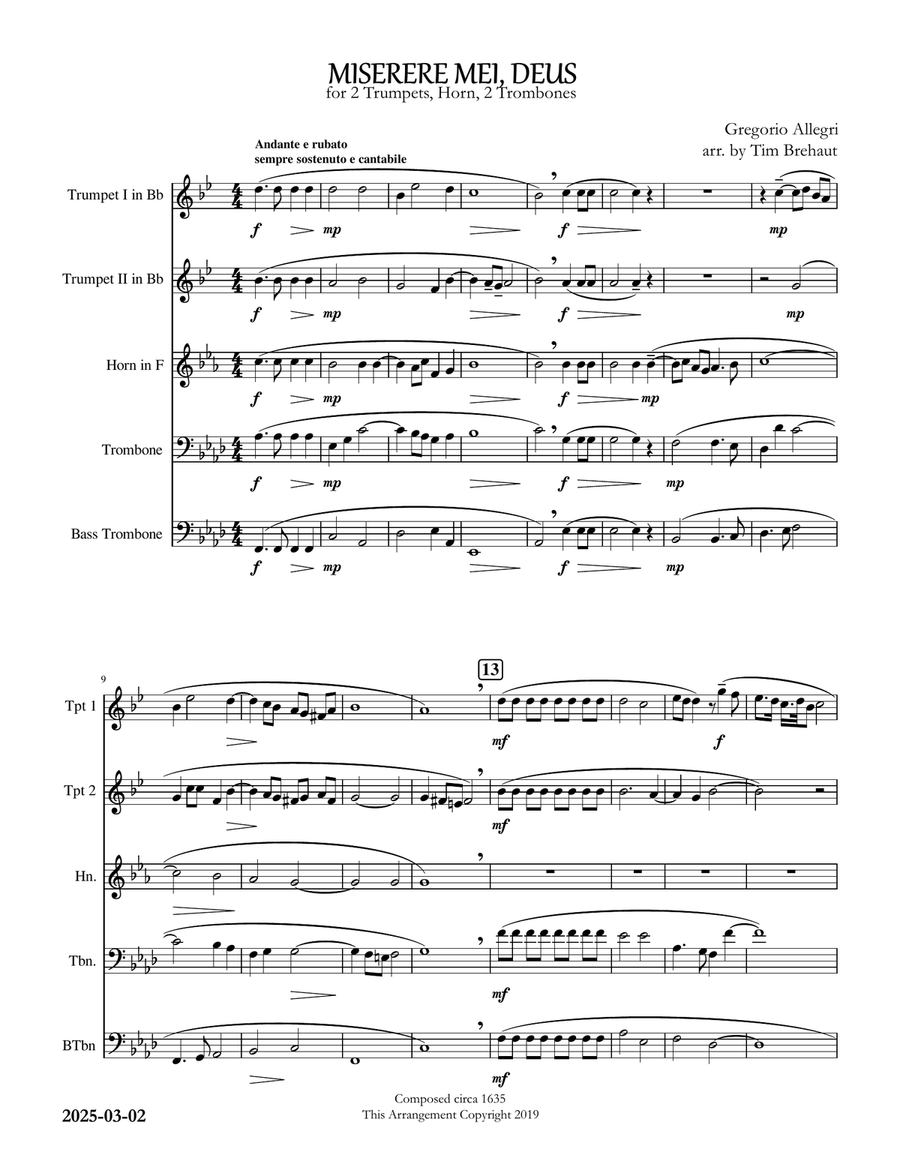 Miserere Mei Deus - Gregorio Allegri - Brass Quintet Brass Quintet scores gallery preview page 1
