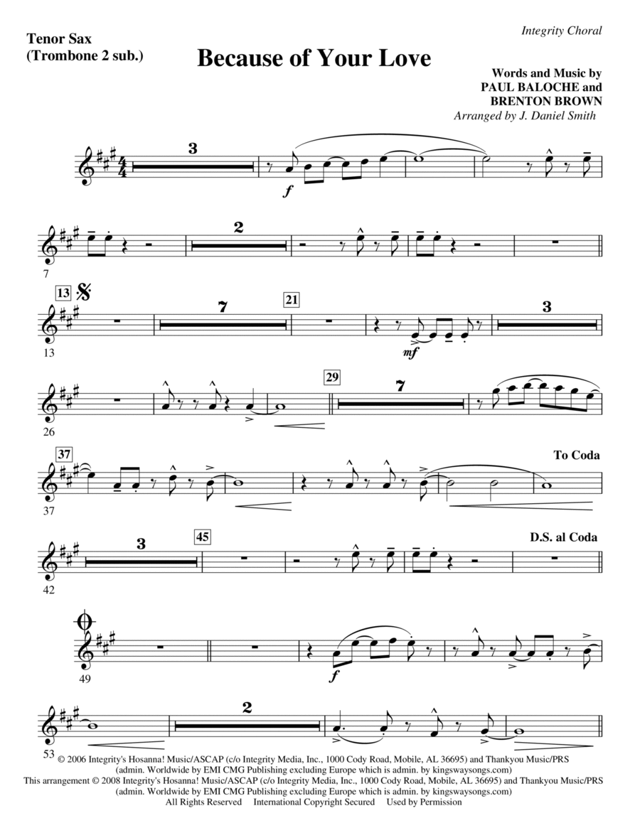 Because Of Your Love - Tenor Sax 1,2/Baritone TC 1,2 Choir scores gallery preview page 1