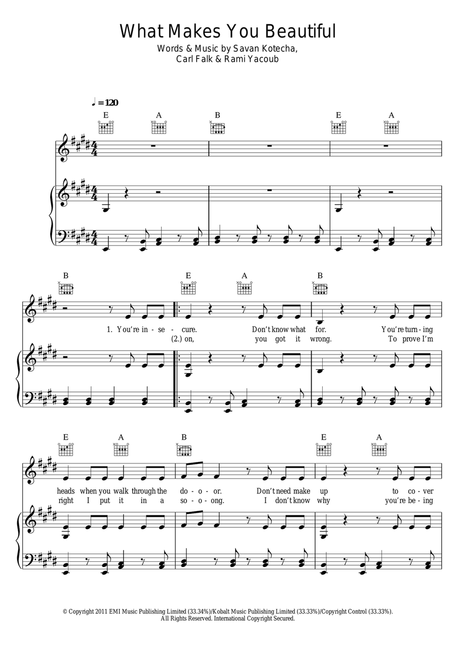 What Makes You Beautiful Piano, Vocal, Guitar scores gallery preview page 1