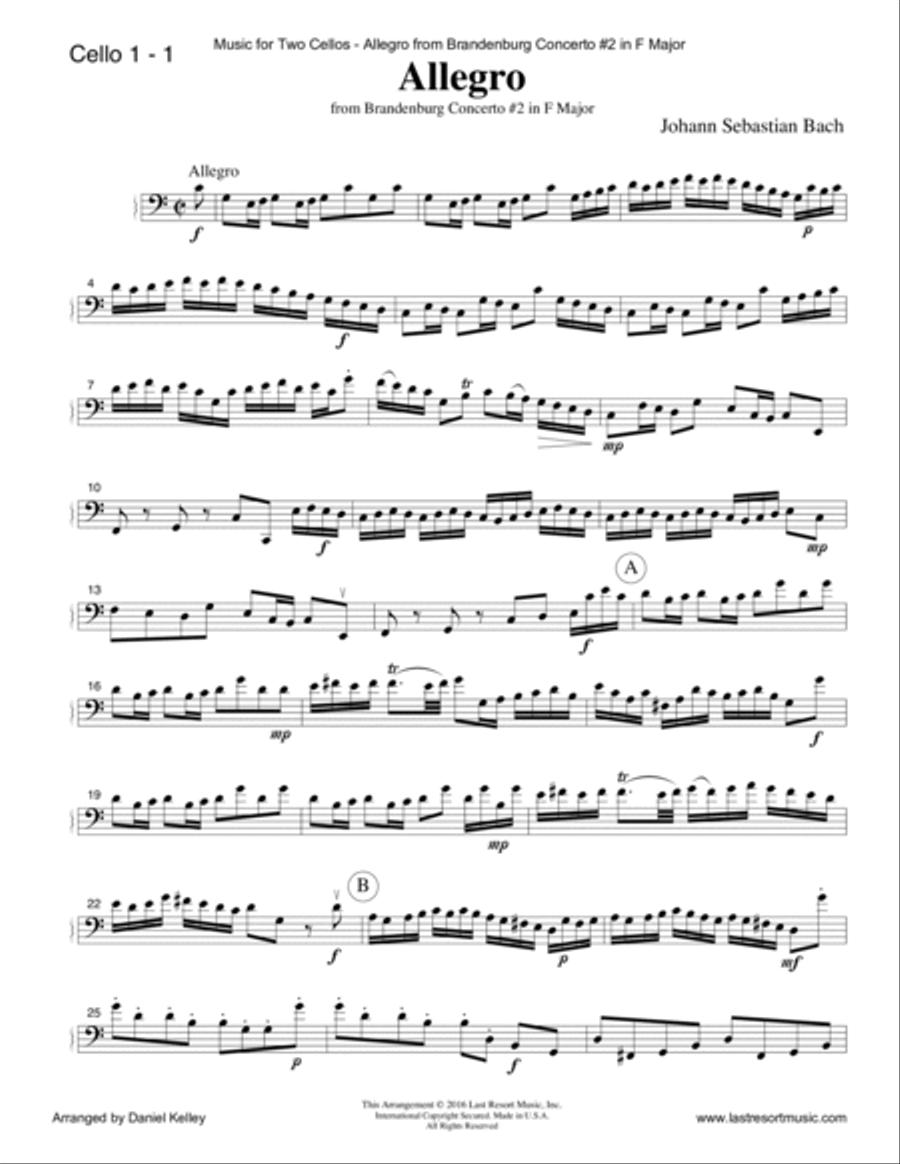 Allegro from Brandenburg Concerto #2 in F Major for Cello Duet (Music for Two Cellos) String Duet scores gallery preview page 3