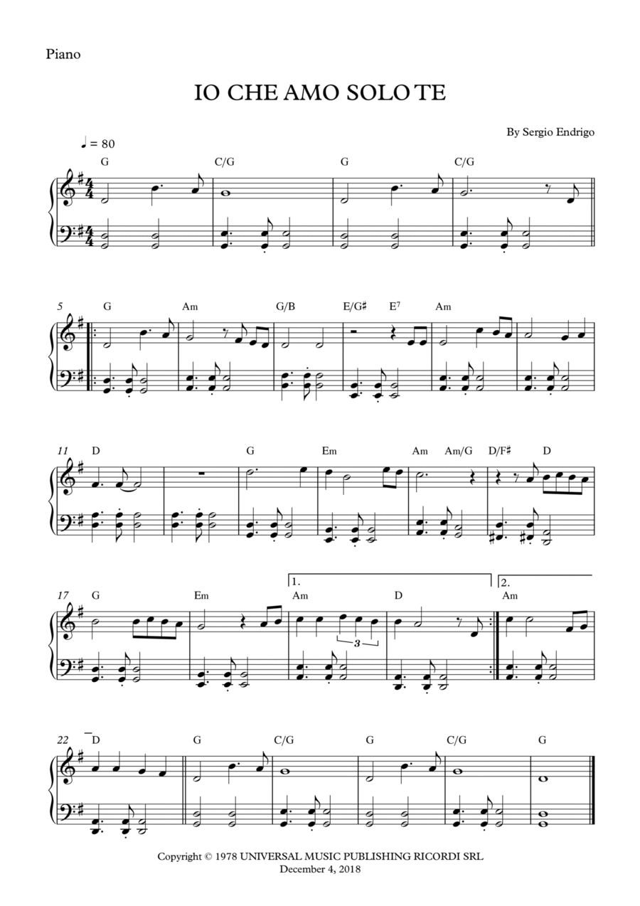 Io Che Amo Solo Te Piano Solo scores gallery preview page 1
