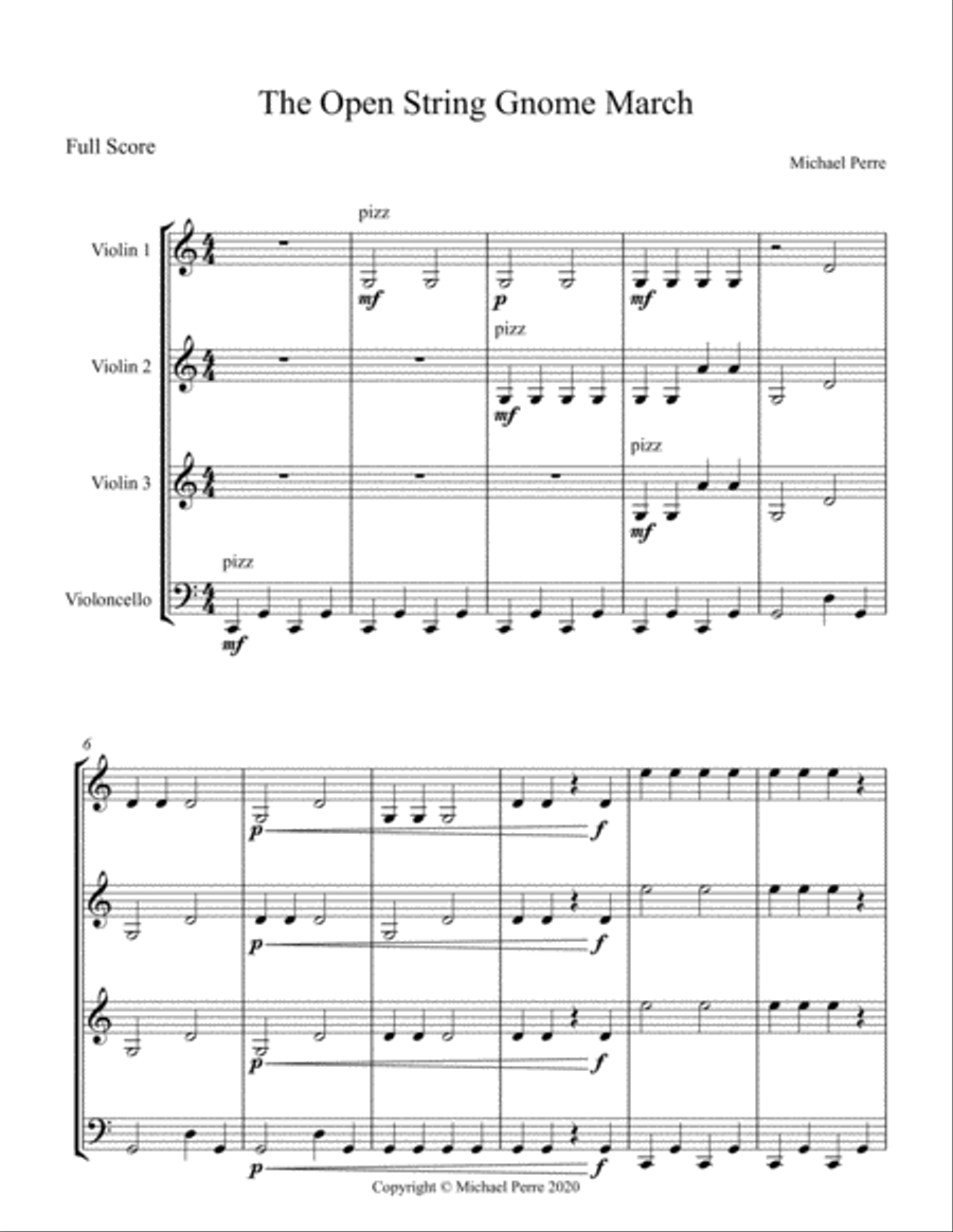 The Open String Gnome March (3 violins and cello) The Open String Gnome March (3 violins and cello) String Quartet scores gallery preview page 1