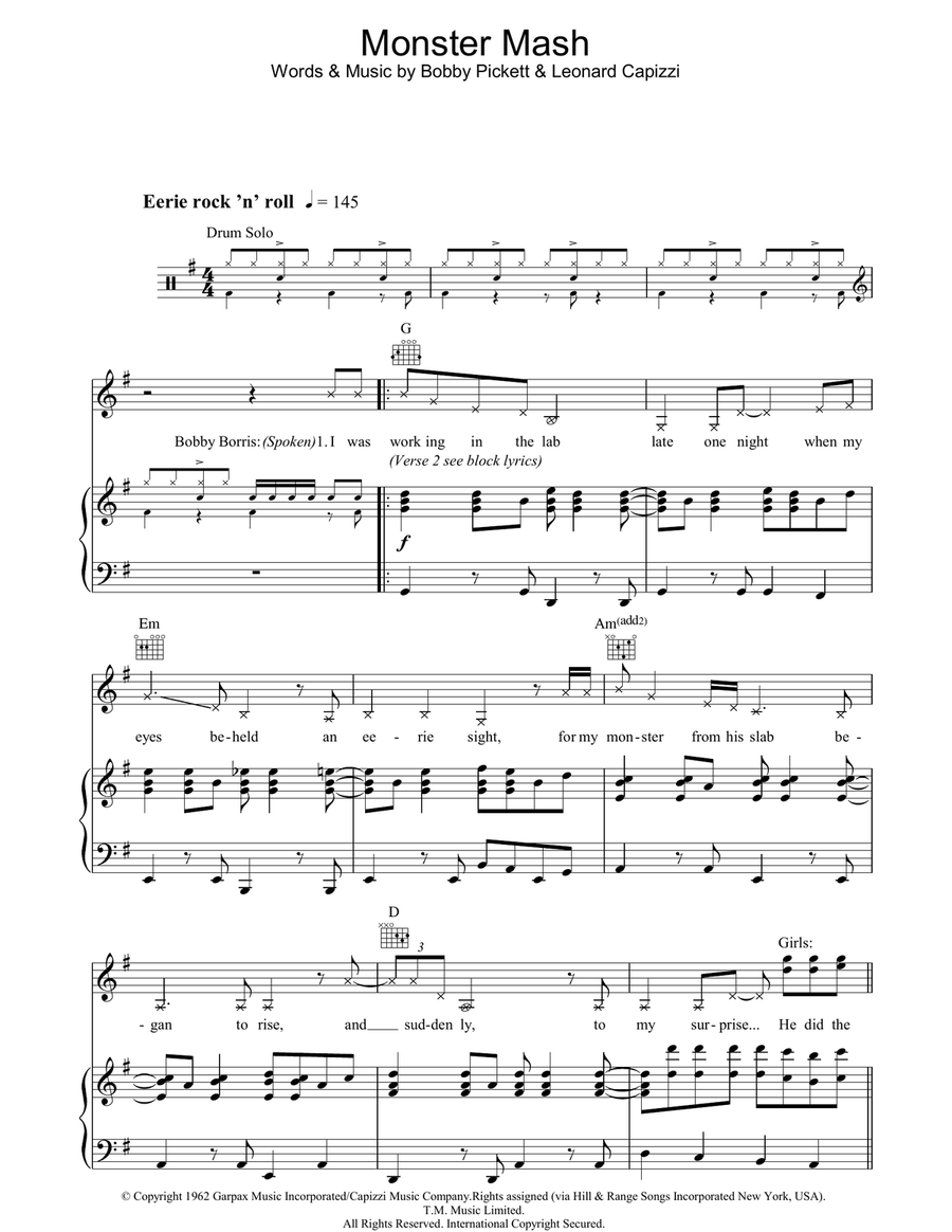 Monster Mash Piano, Vocal, Guitar scores gallery preview page 1
