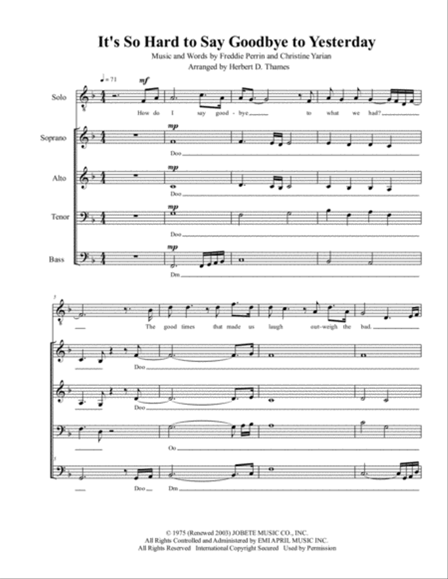 It's So Hard To Say Goodbye To Yesterday 4-Part scores gallery preview page 1