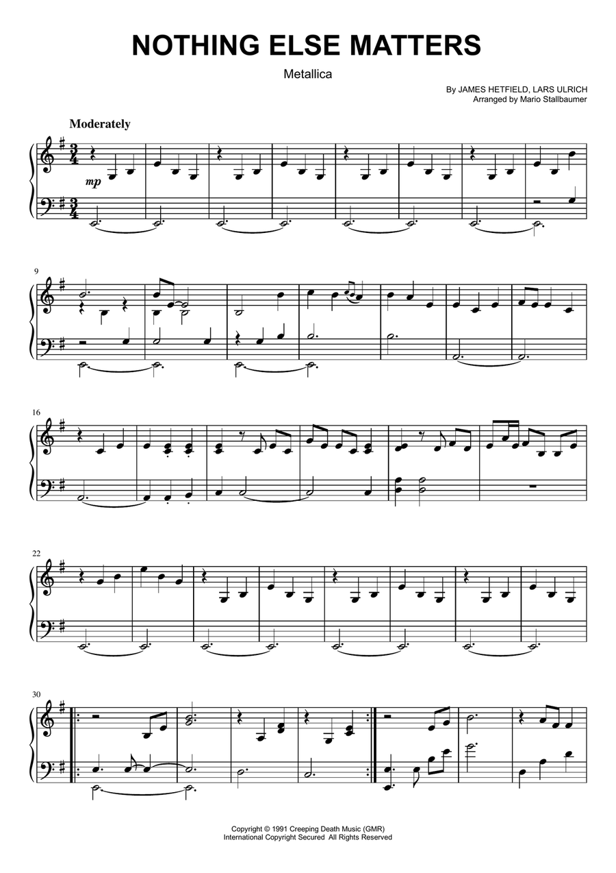 Nothing Else Matters Piano Solo scores gallery preview page 1