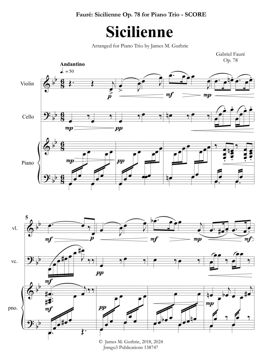 Fauré: Sicilienne for Piano Trio Piano Trio scores gallery preview page 1