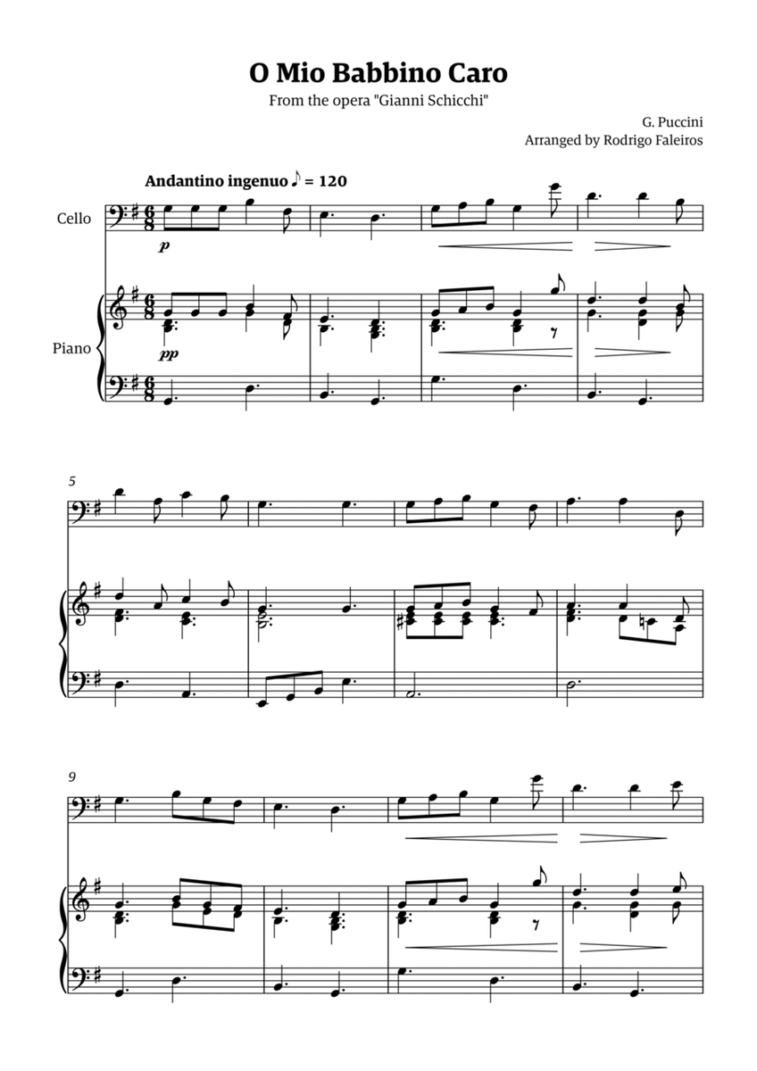O Mio Babbino Caro - for cello solo (with piano accompaniment) image number null