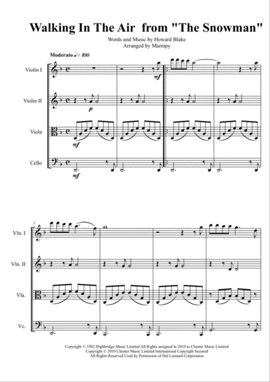 Walking In The Air String Quartet scores gallery preview page 1