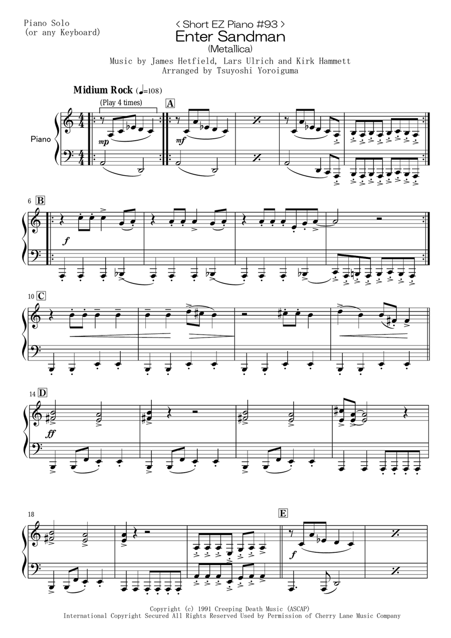 Enter Sandman Easy Piano scores gallery preview page 1