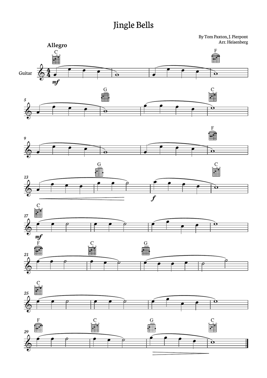 Jingle Bells - Classical Guitar with chords Acoustic Guitar scores gallery preview page 1