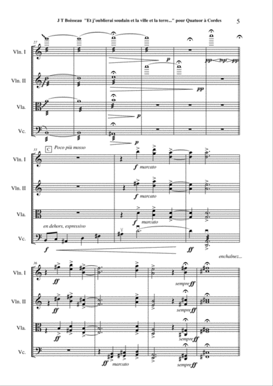 Jean-Thierry Boisseau: Et j'oublierai sondain et la ville et la terre for string quartet String Quartet scores gallery preview page 5