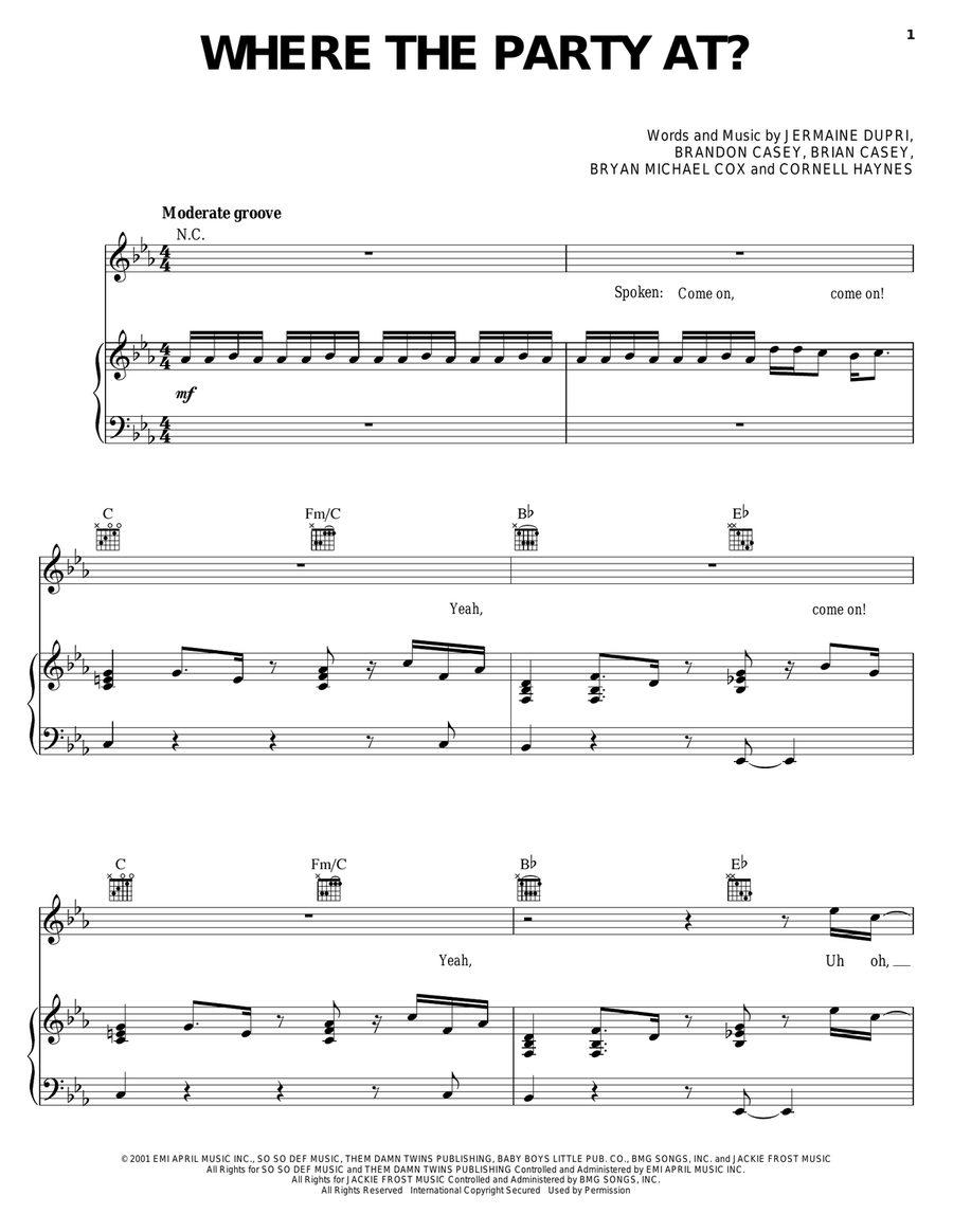 Where The Party At Piano, Vocal, Guitar scores gallery preview page 1