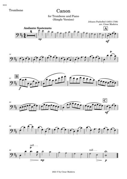 Pachelbel's Canon in D - Trombone and Piano - Simple Version (Individual Parts) image number null