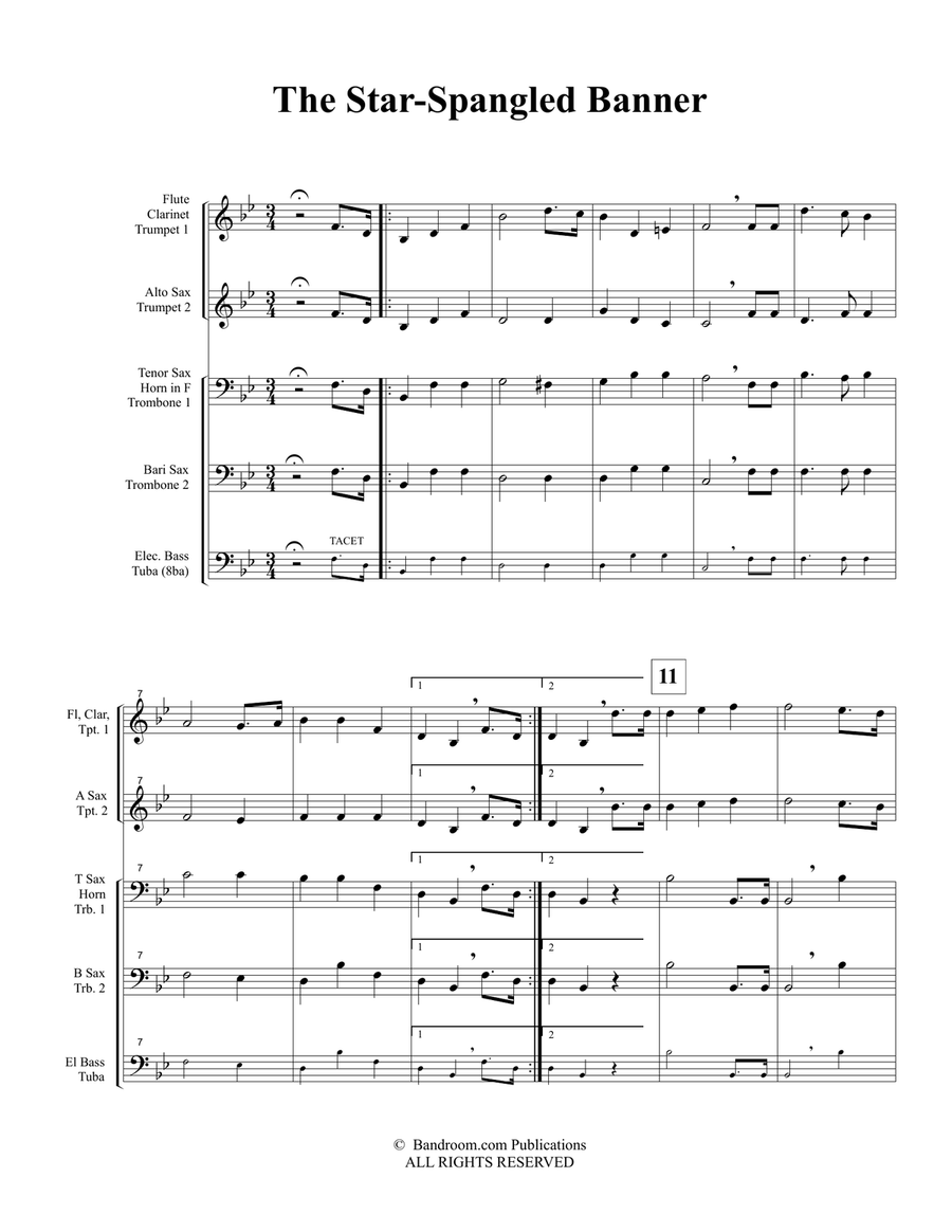THE STAR-SPANGLED BANNER (USA National Anthem) - for pep band, basketball band, jazz combo, small j Concert Band scores gallery preview page 1