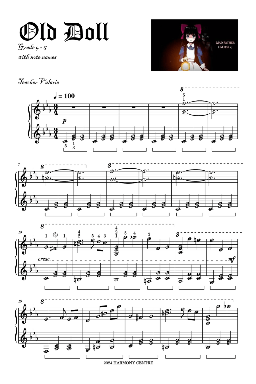 Old Doll MadFather Piano Sheet for Grade 4 - 5 with note names Piano Method scores gallery preview page 1