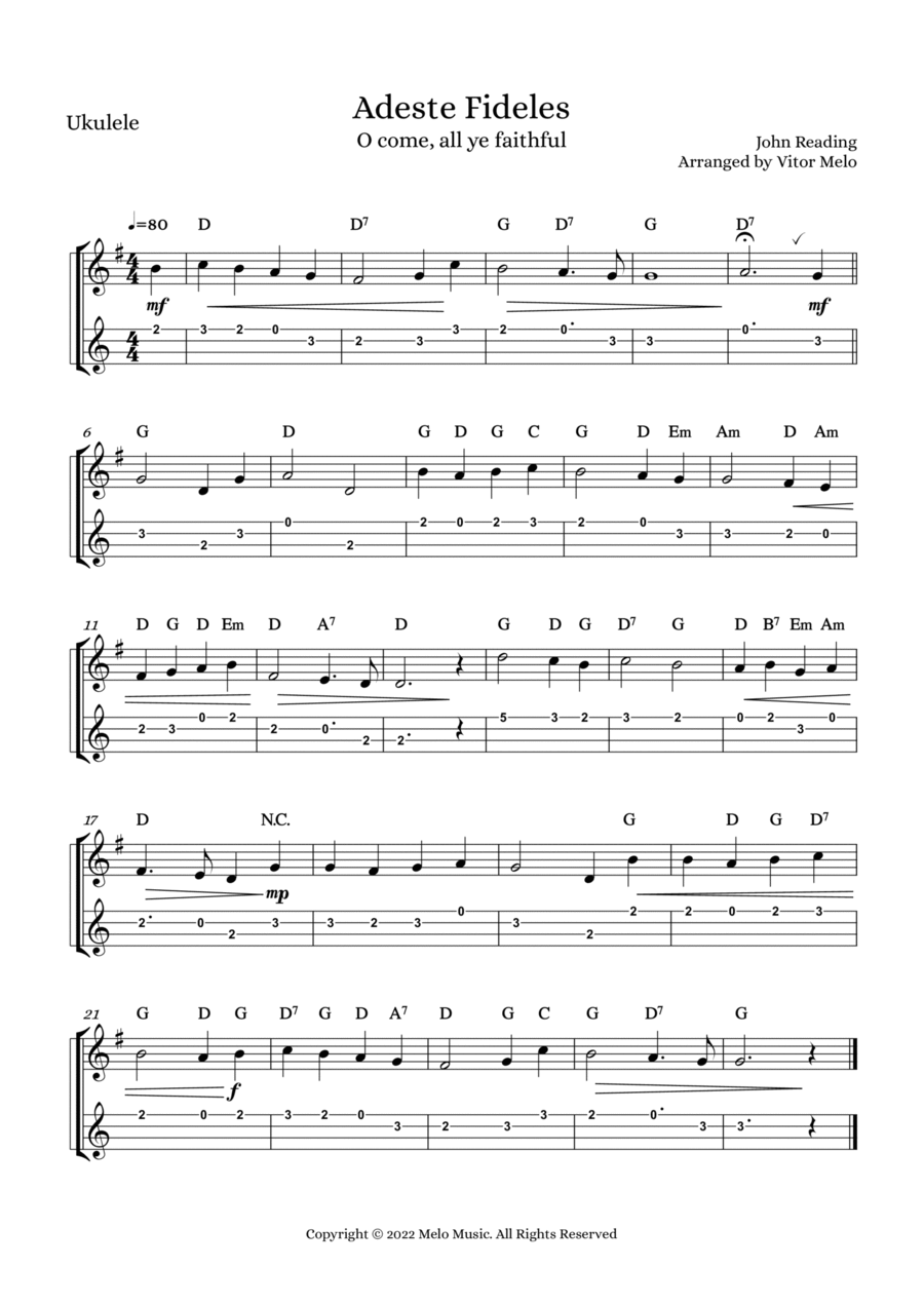 Adeste Fideles (O Come, All Ye Faithful) - ukulele tab Ukulele scores gallery preview page 1
