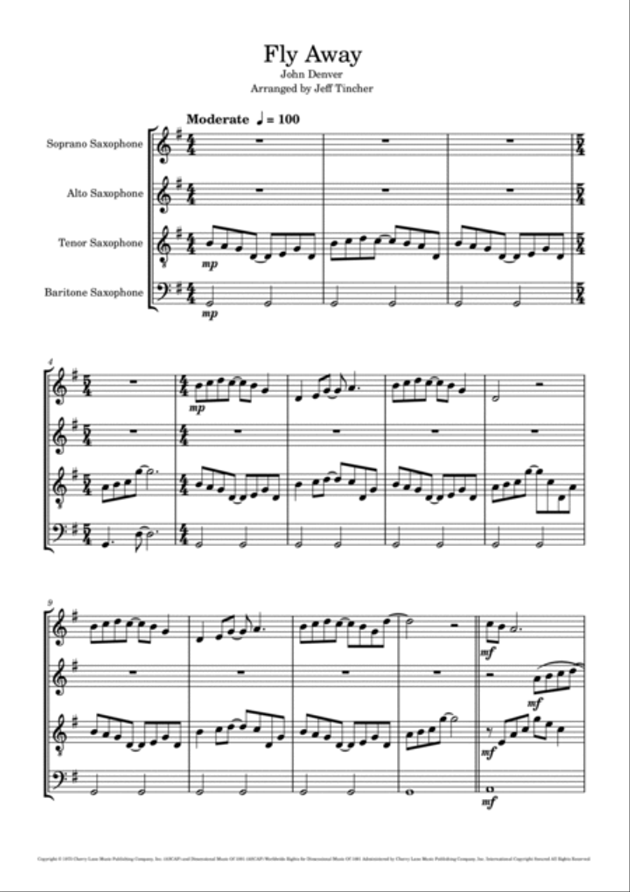 Fly Away Saxophone Quartet scores gallery preview page 2