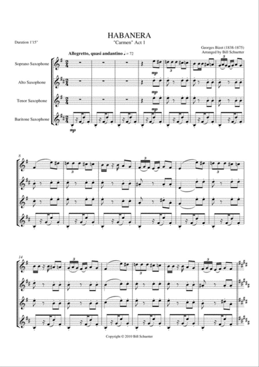 Habanera from Carmen Saxophone Quartet scores gallery preview page 1