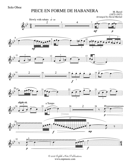 Piece en Forme de Habanera (Soloist and Concert Band): Solo Oboe