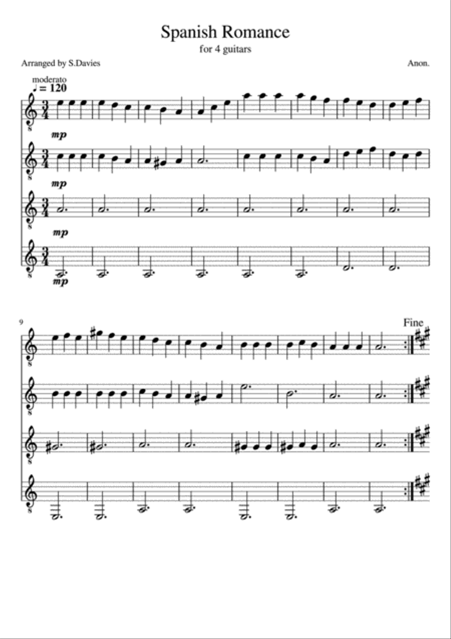 Spanish Romance for beginner guitar ensemble Guitar Ensemble