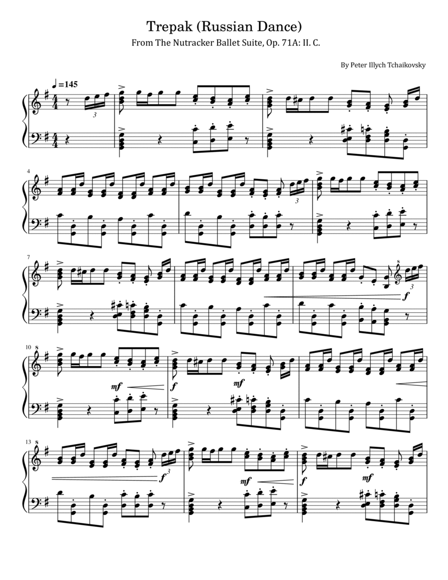 Tchaikovsky - Trepak (Russian Dance) - From The Nutracker Ballet Suite, Op. 71 - For Piano Solo Piano Solo scores gallery preview page 1