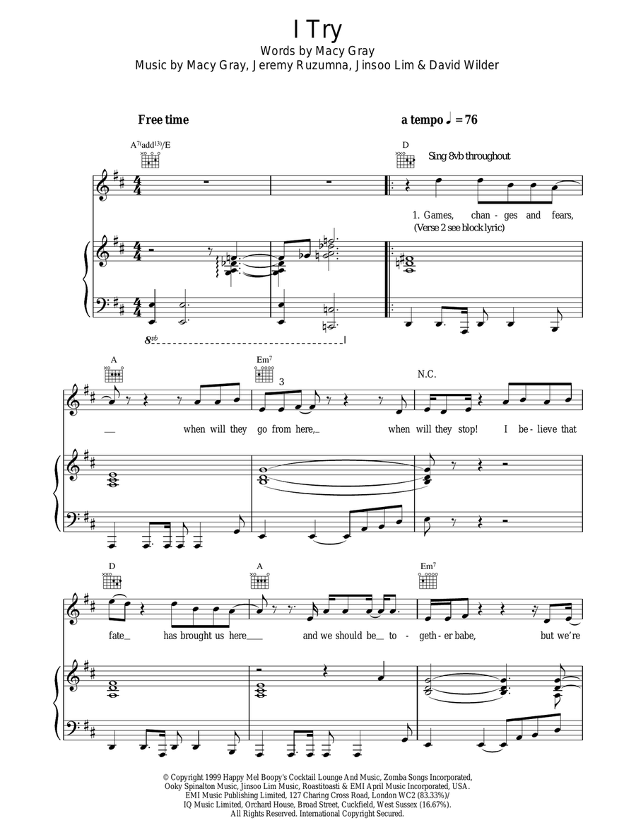 I Try Piano, Vocal, Guitar scores gallery preview page 1