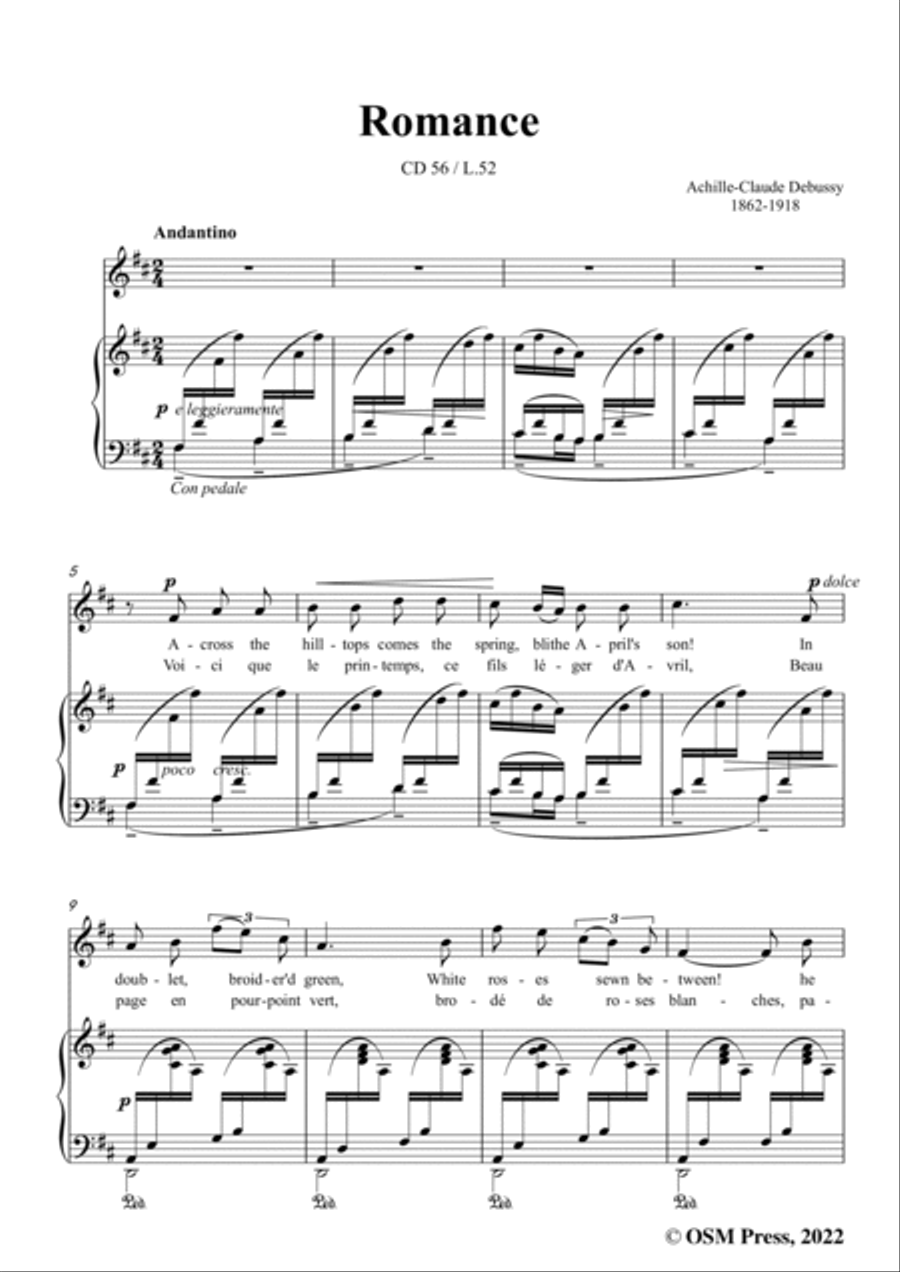 Debussy-Romance,in D Major,CD 56;L.52,for Voice and Piano Voice Solo scores gallery preview page 3
