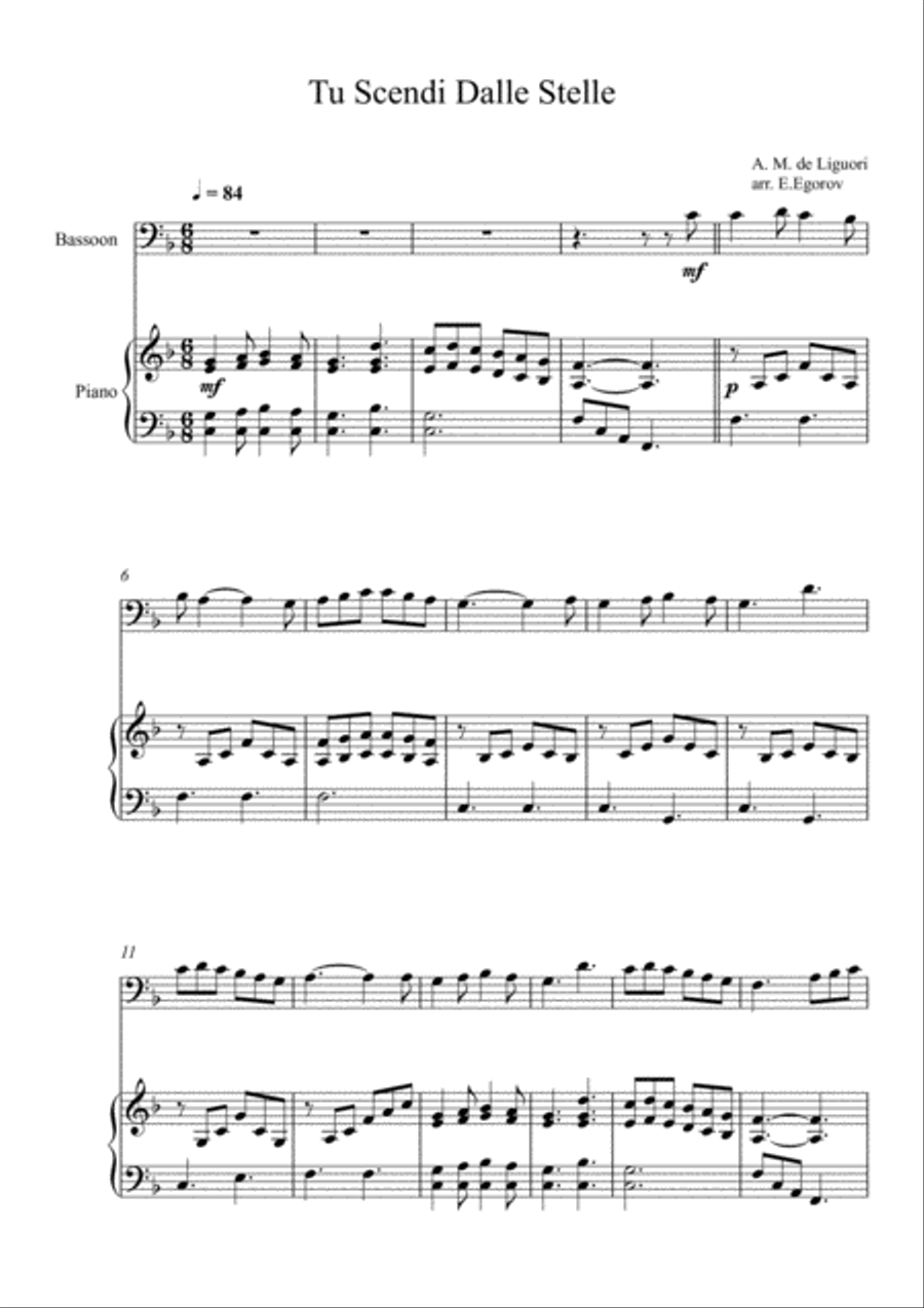 Tu Scendi Dalle Stelle, Alfons Maria de Liguori, For Bassoon & Piano Bassoon Solo scores gallery preview page 1