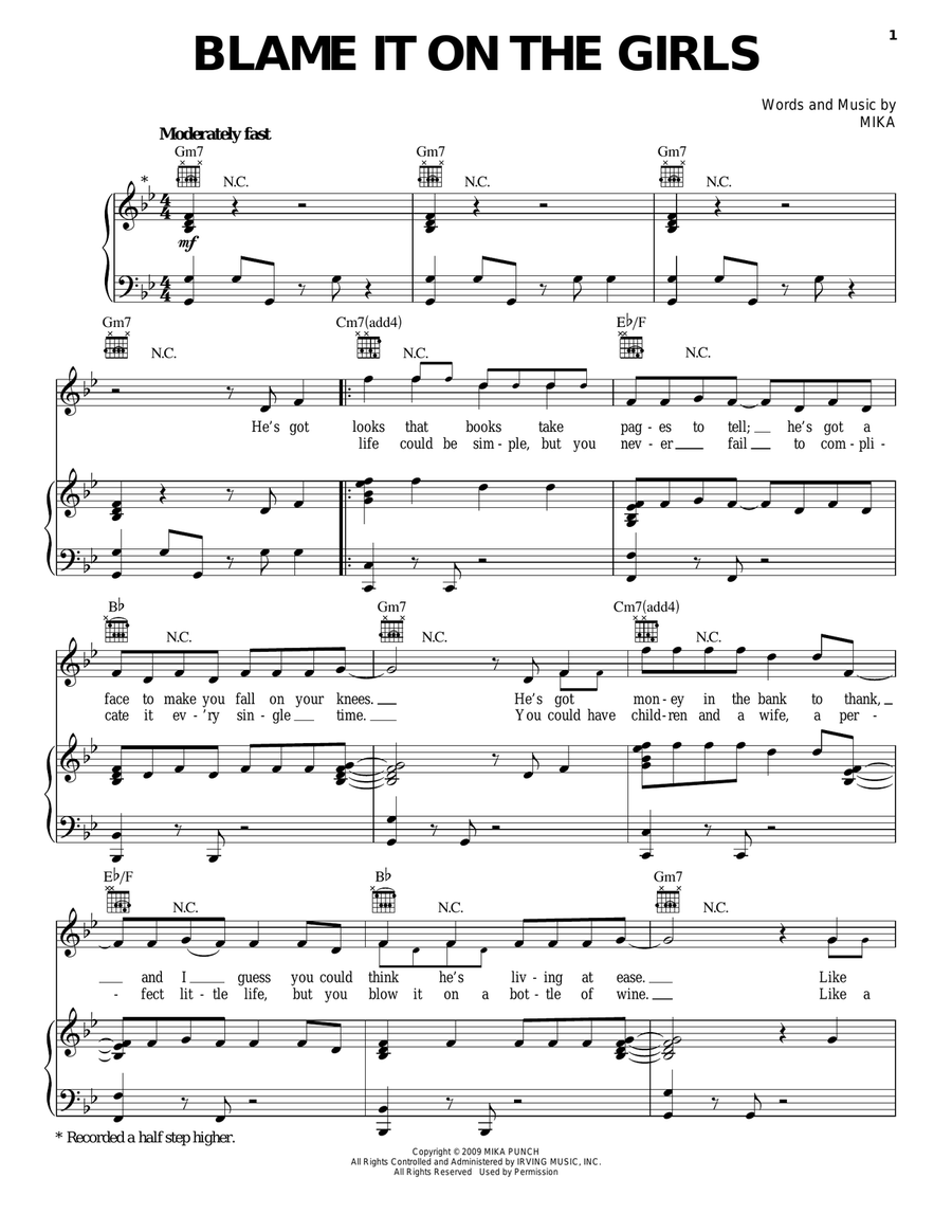 Blame It On The Girls Piano, Vocal, Guitar scores gallery preview page 1