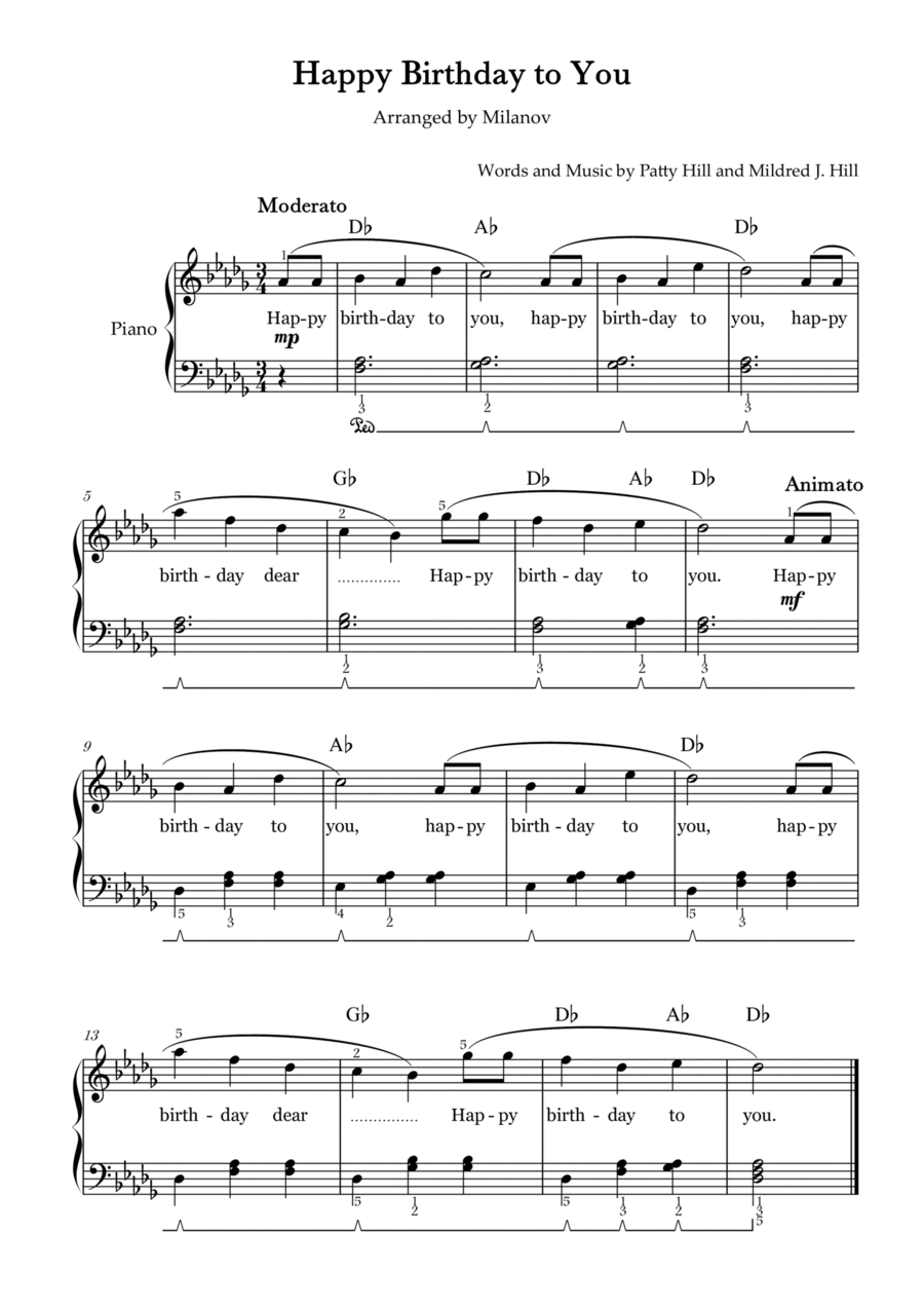 Happy Birthday to You in Db Piano Easy Intermediate Chord Fingering Lyrics Pedal Easy Piano scores gallery preview page 1