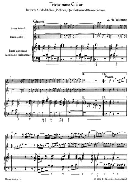 Triosonate aus "Der getreue Musikmeister" fur zwei Altblockfloten (Violinen, Querfloten) und Basso continuo C major