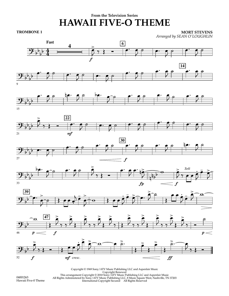 Hawaii Five-O Theme - Trombone 1 Concert Band scores gallery preview page 1