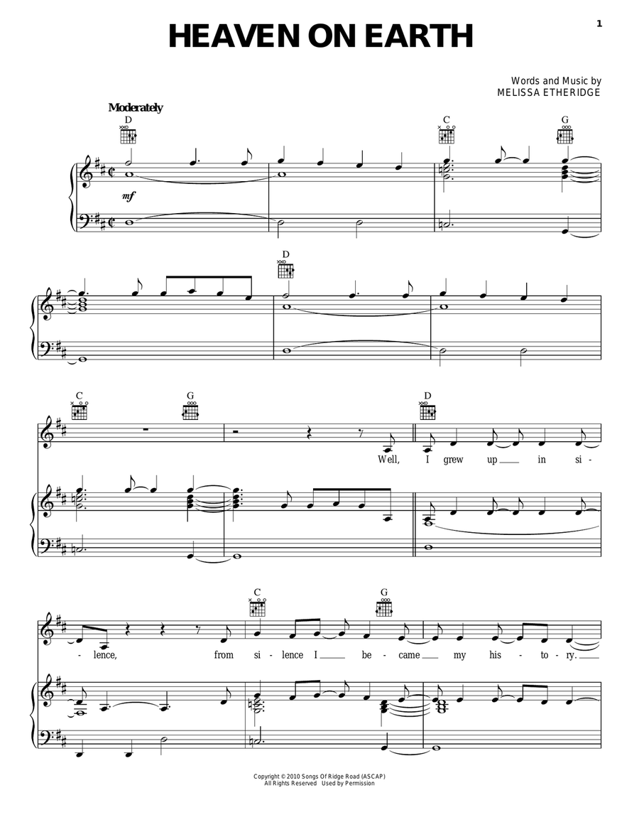 Heaven On Earth Piano, Vocal, Guitar scores gallery preview page 1