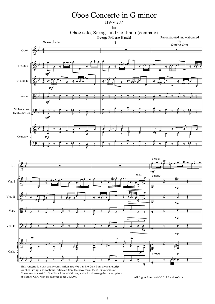 Handel - Oboe Concerto in G minor HWV 287 for Oboe, Strings and Continuo Chamber Orchestra scores gallery preview page 1