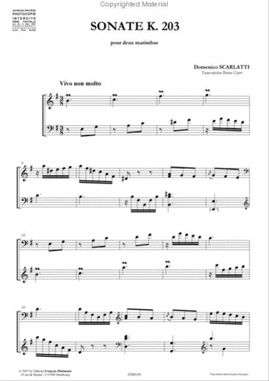 Sonate K. 203 en mi mineur. Transcription Bruno Giner Percussion scores gallery preview page 2