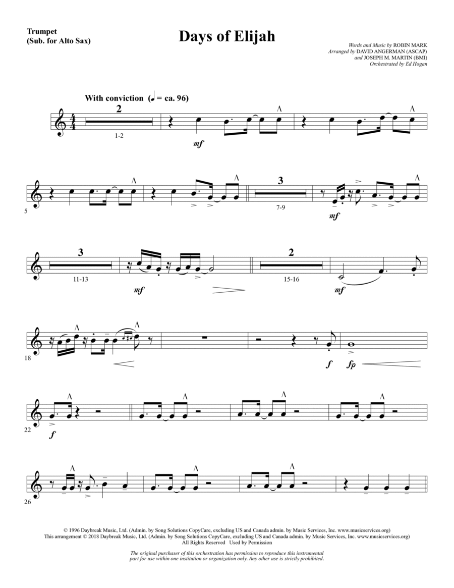 Days of Elijah (arr. David Angerman) - Trumpet (sub. Alto Sax) Choir scores gallery preview page 1