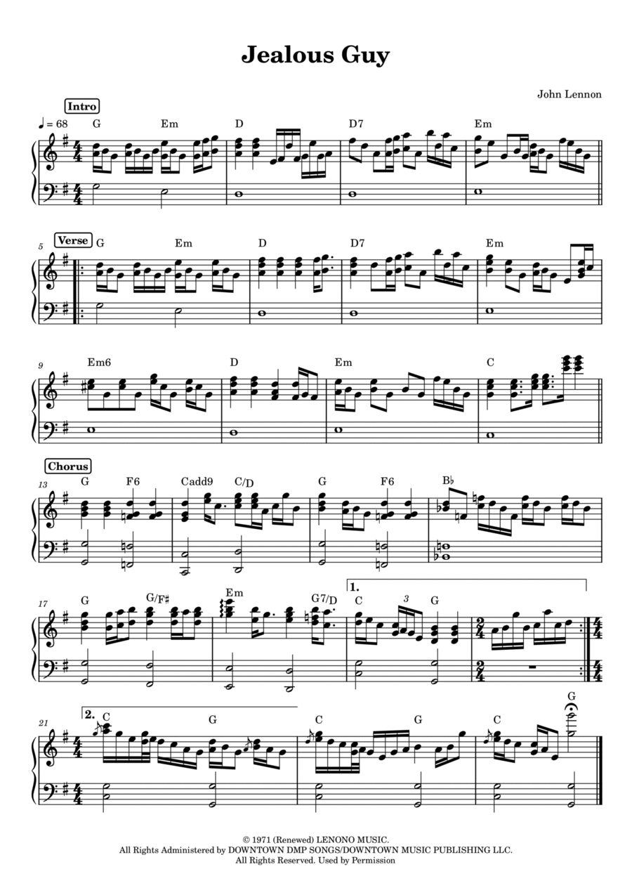 Jealous Guy Easy Piano scores gallery preview page 1