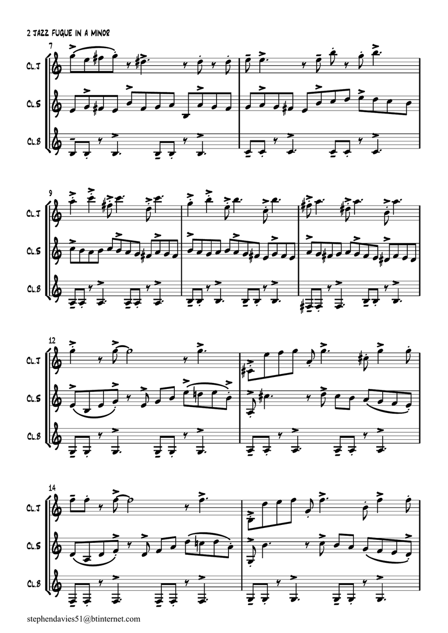 'Jazz Fugue in A Minor' based on BWV944 by J.S.Bach for Clarinet Trio. Clarinet Trio scores gallery preview page 2