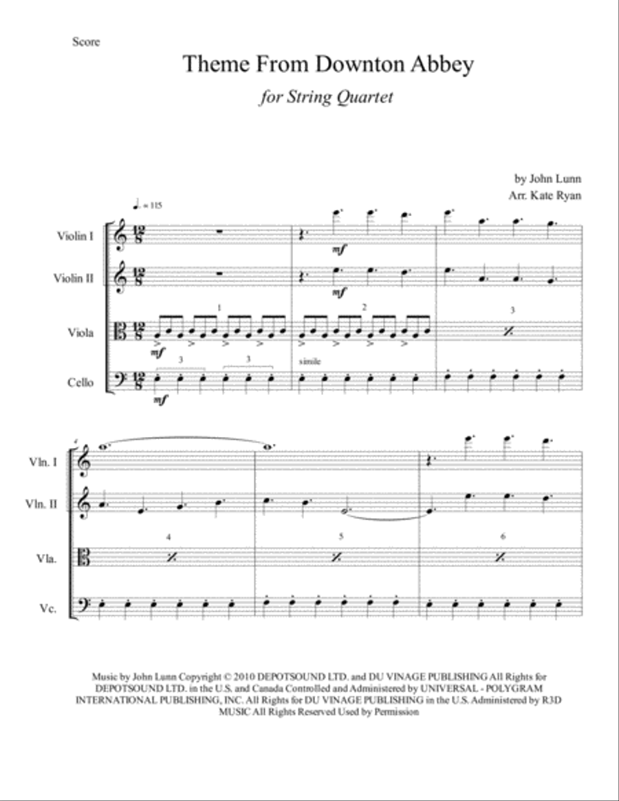 Downton Abbey (theme) String Quartet scores gallery preview page 2