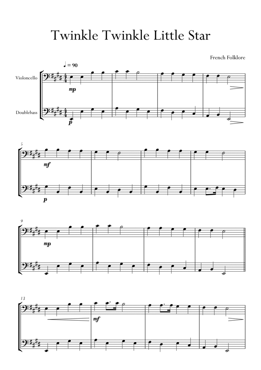 Twinkle Twinkle Little Star in E Major for Cello (Violoncello) and Double Bass Duo. Easy version. image number null