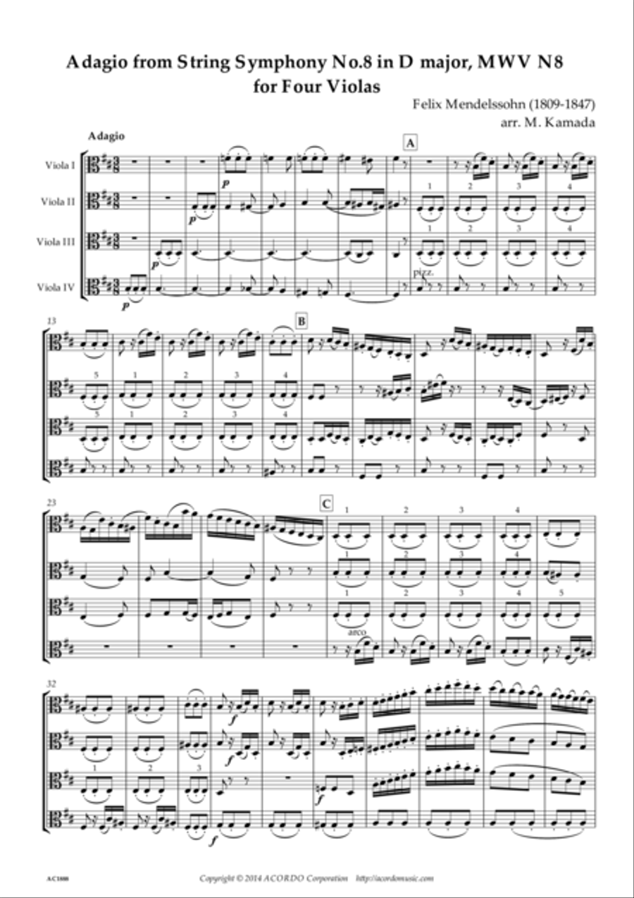Adagio from String Symphony No.8 in D major, MWV N8 for Four Violas Viola Solo scores gallery preview page 1