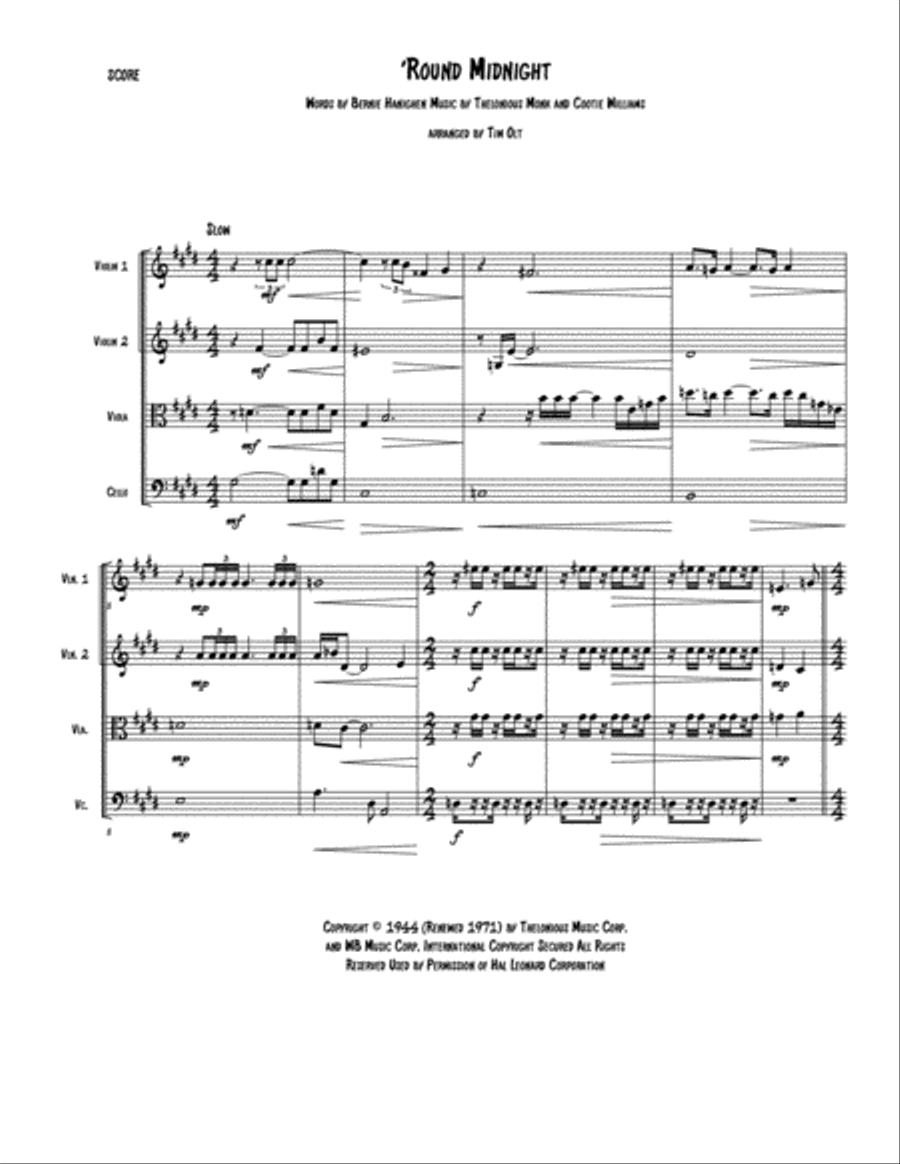 'round Midnight 'round Midnight String Quartet scores gallery preview page 1
