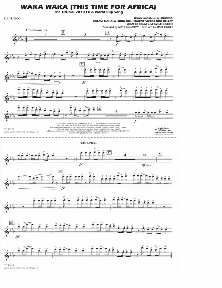 Waka Waka (This Time For Africa) (arr. Matt Conaway) - Flute/Piccolo Marching Band scores gallery preview page 1