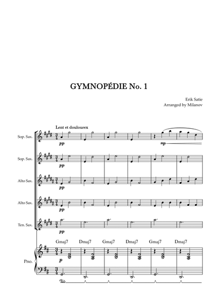 Gymnopédie no 1 | Saxophone Quintet | Original Key | Chords | Piano accompaniment |Easy intermediate image number null